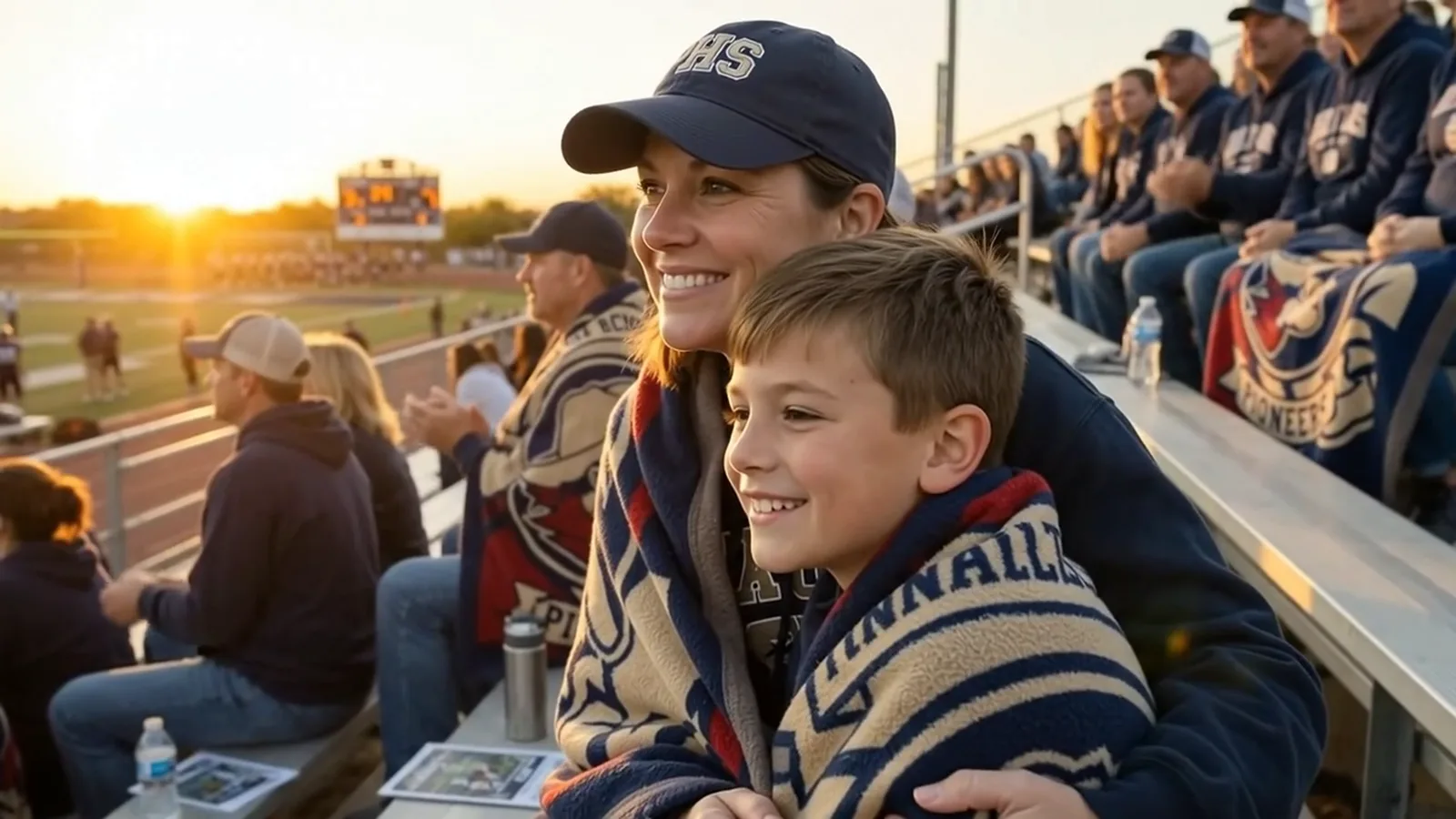 A mom and her son wrapped in their school's custom Pinnacle Pioneers blanket in the bleachers on game night